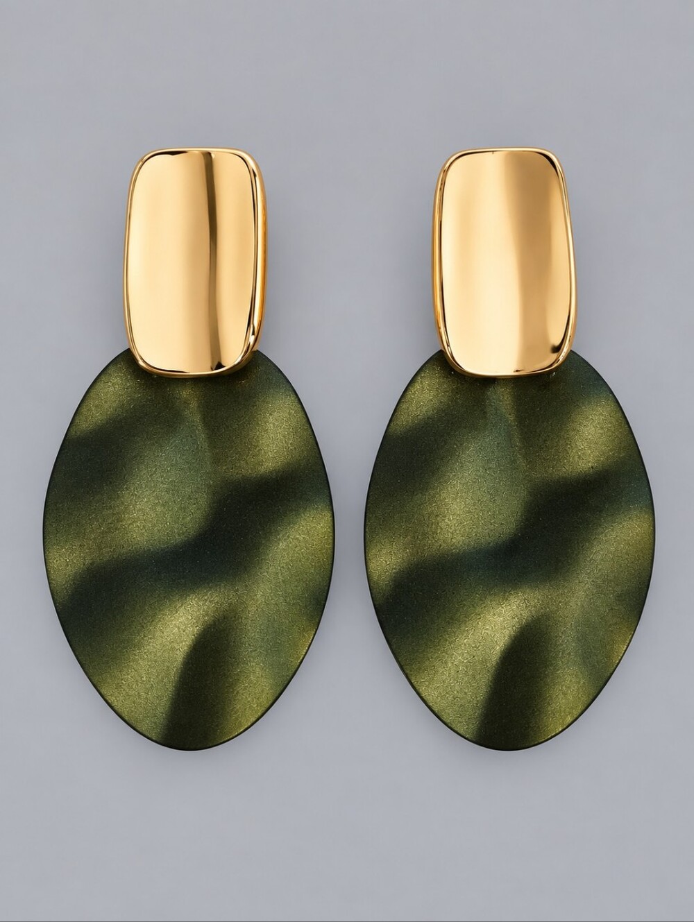 Gold and Olive Green Metal Doorknocker Clip-on Earrings